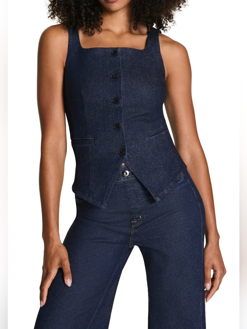 SPANX Denim Tailored Vest Square Neck Dark Indigo Raw Size XL